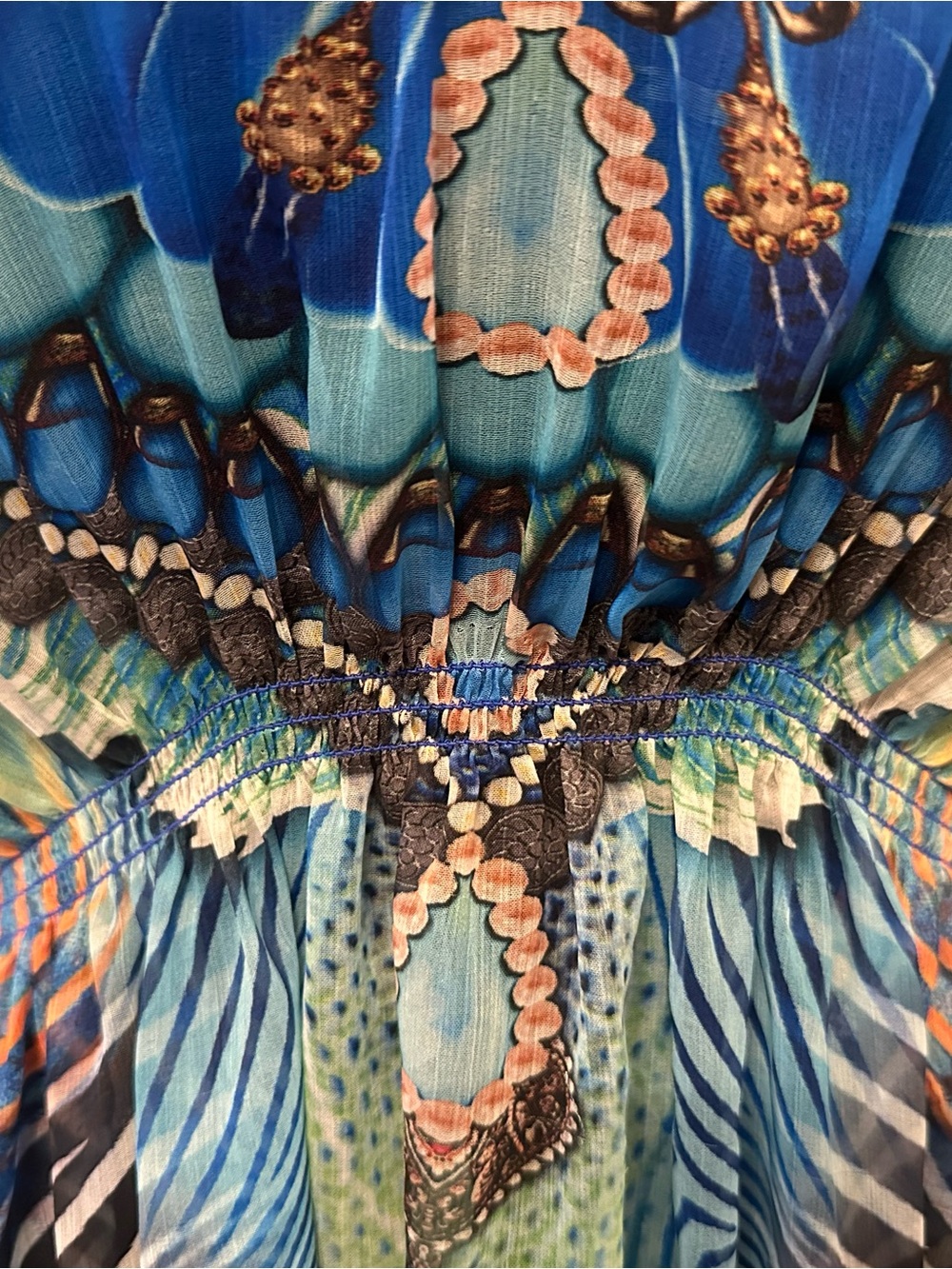 Peacock Print Kaftan Dress One Size Blue Boho Beach Cover Up Tunic Cruise Resort - Picture 6 of 9